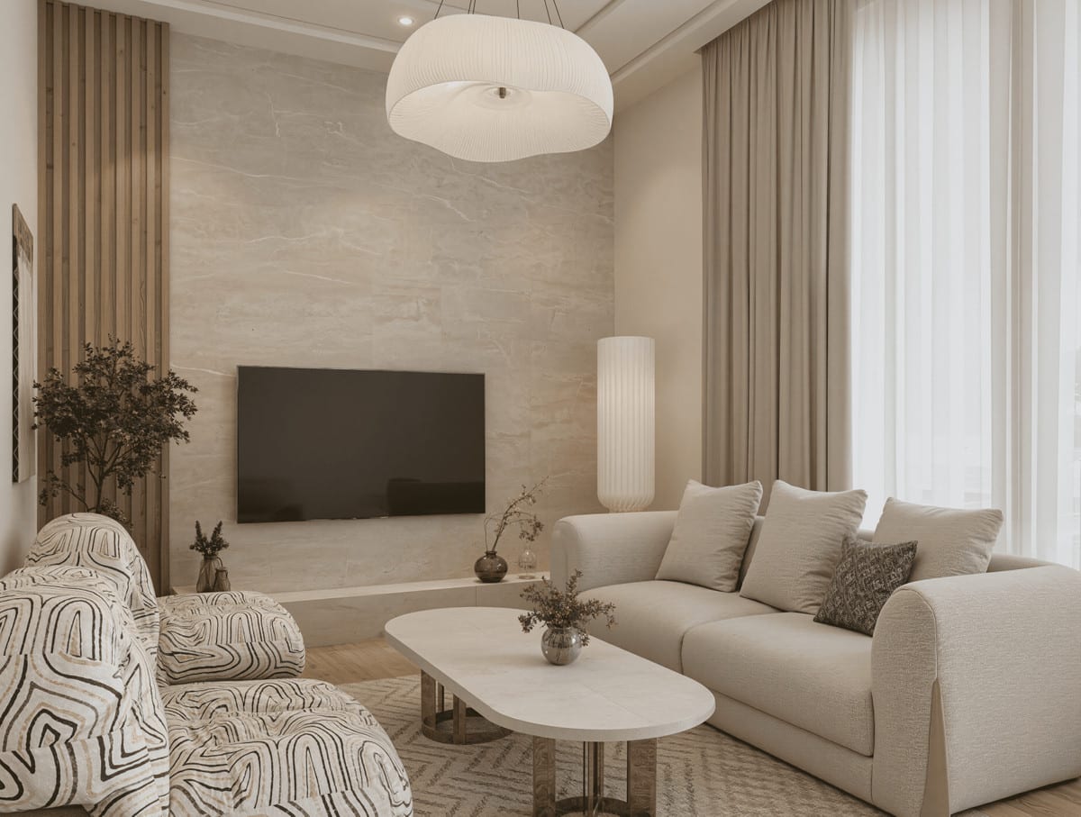 Interior render of a beige seating area with a patterned armchair and wood-effect accents.