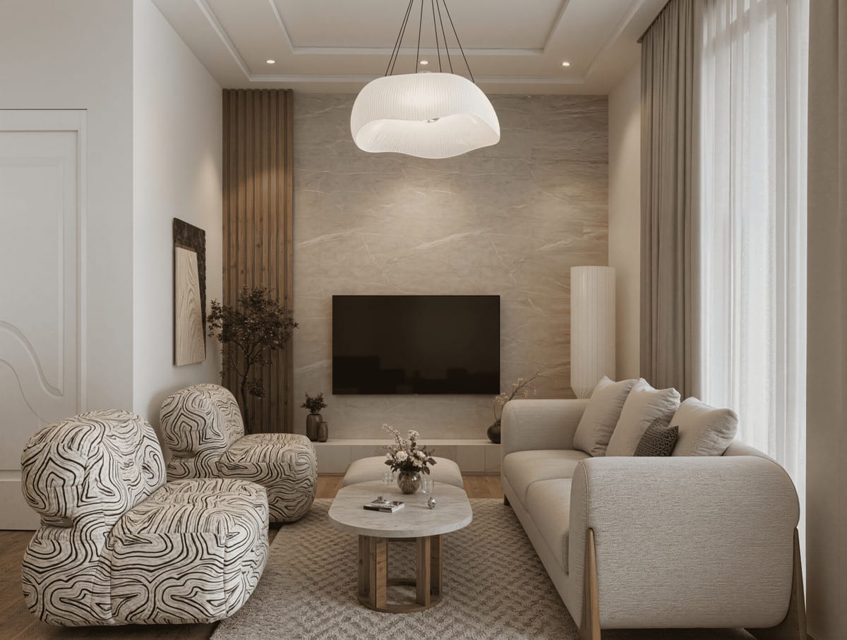 Wider interior render with patterned armchairs, a cream sofa, a coffee table with rounded edges and a pendant light.