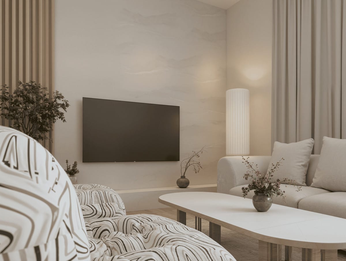 Close-up render of the seating area with a patterned armchair, low coffee table and warm lighting.