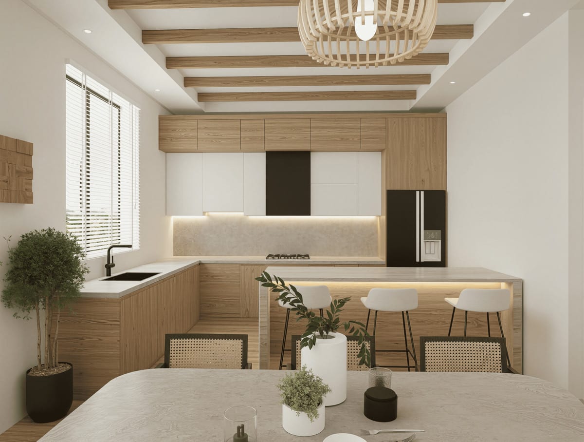 Kitchen render with wood-effect cabinet fronts, an illuminated island, ceiling beams and a rounded pendant light.