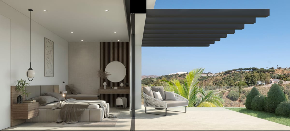 Rendering of a bedroom opening onto a terrace overlooking the hills.