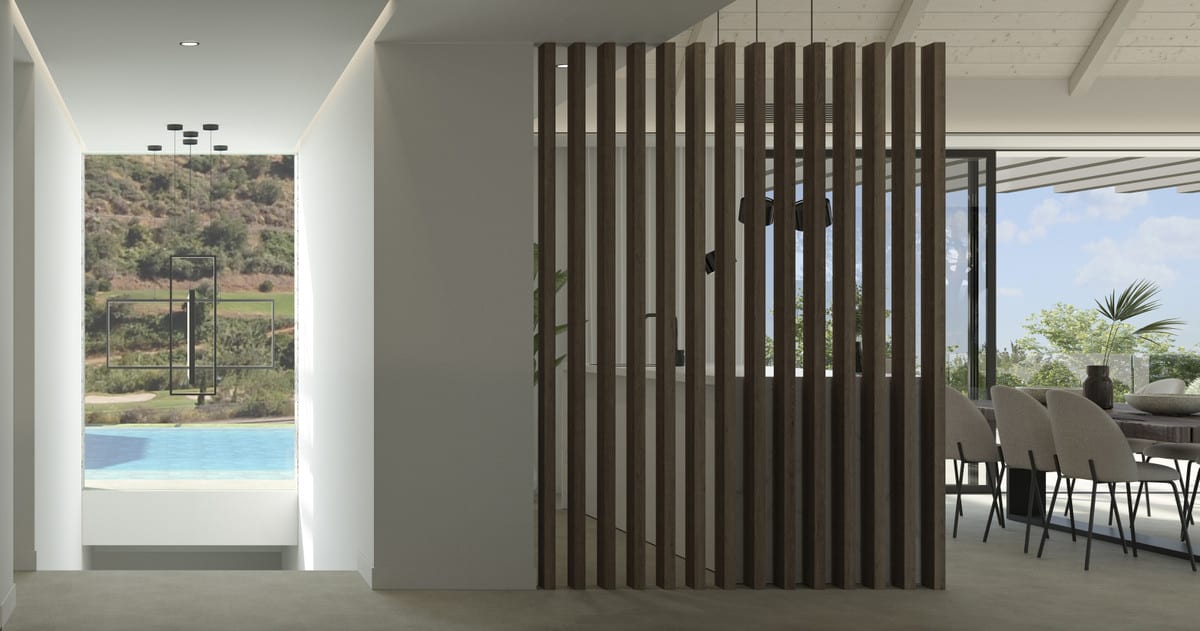 Rendering of the entrance hall with timber slats, stairs and an adjoining dining area.