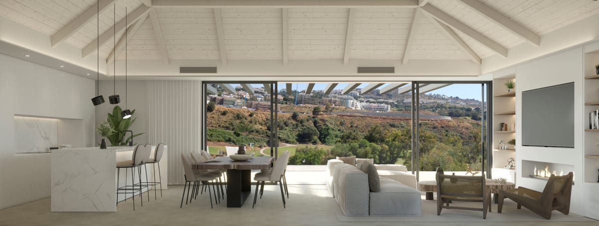 Rendering of the living space looking onto the terrace and surrounding landscape.