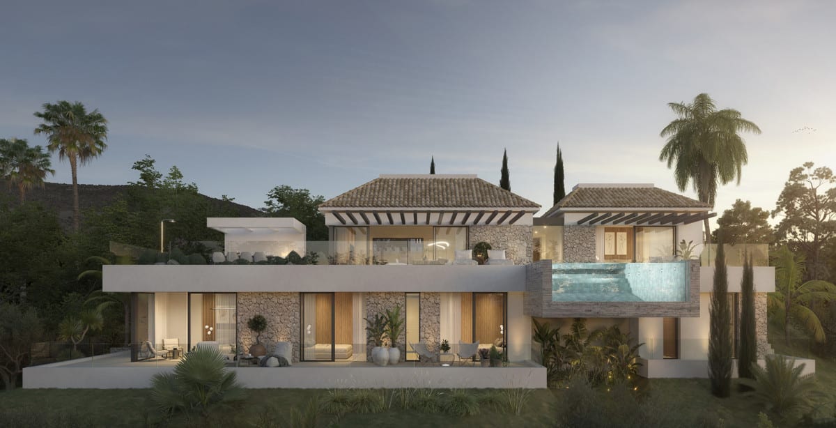 Evening rendering of the villa with a terrace and pool.