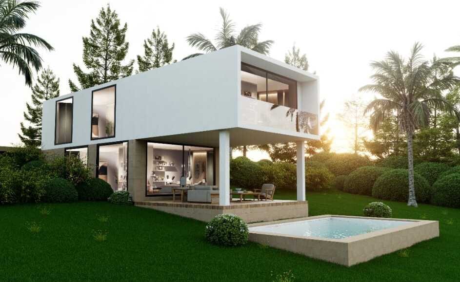 Project visualisation of VILLA ECO ZERO ESTEPONA GOLF in low sunlight, with a white two-storey volume, covered terrace with seating and a rectangular swimming pool set in the lawn.