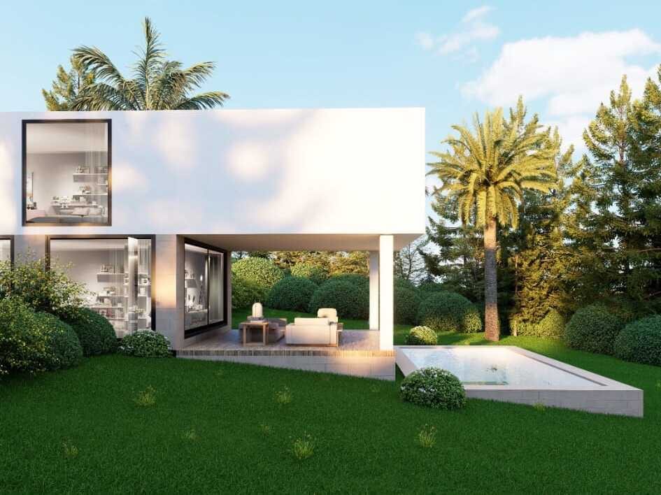 Project visualisation of VILLA ECO ZERO ESTEPONA GOLF from the side garden, with a white upper storey, two large window openings, a covered terrace with seating and a swimming pool beside the lawn.