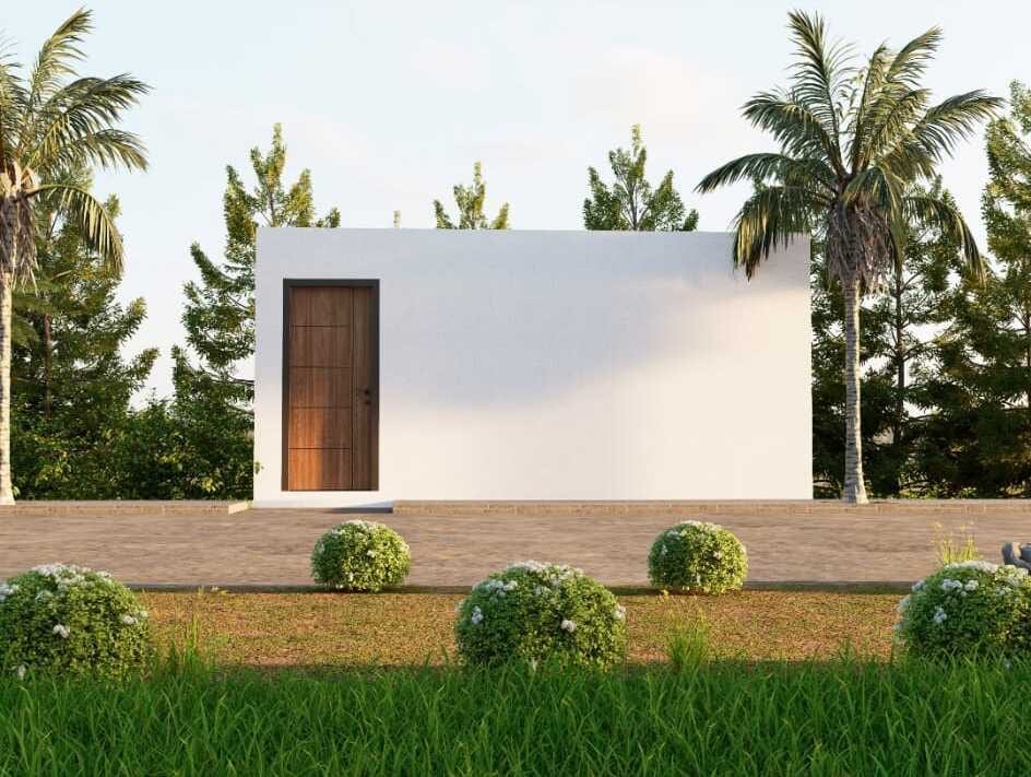 Project visualisation of VILLA ECO ZERO ESTEPONA GOLF with a minimalist white entrance façade, a tall panelled wooden door and a paved front garden with rounded shrubs.