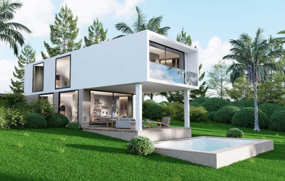 Project visualisation of VILLA ECO ZERO ESTEPONA GOLF in bright daylight, with white façades, dark window frames, a glass balcony balustrade on the upper floor, a covered terrace and a rectangular swimming pool.