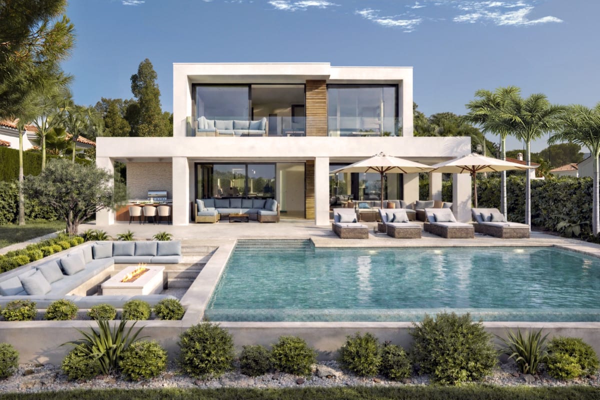 Rendered front view of VILLA ENTRELAGOS I with a sunken lounge area with fire pit, a rectangular swimming pool, and a covered outdoor seating area.