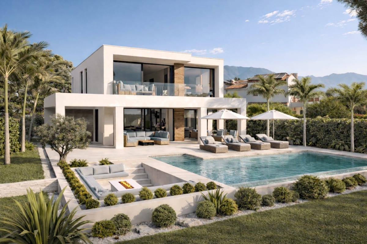 Rendered side view of VILLA ENTRELAGOS I showing the glass balustrade on the upper floor, the swimming pool with sunbeds, and the sunken lounge area in the landscaped garden.
