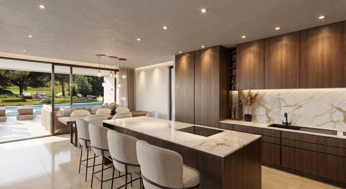 Rendered kitchen and dining area of VILLA ENTRELAGOS I with a large marble-look island, dark wood cabinets, and a sliding glass door to the outdoor terrace.