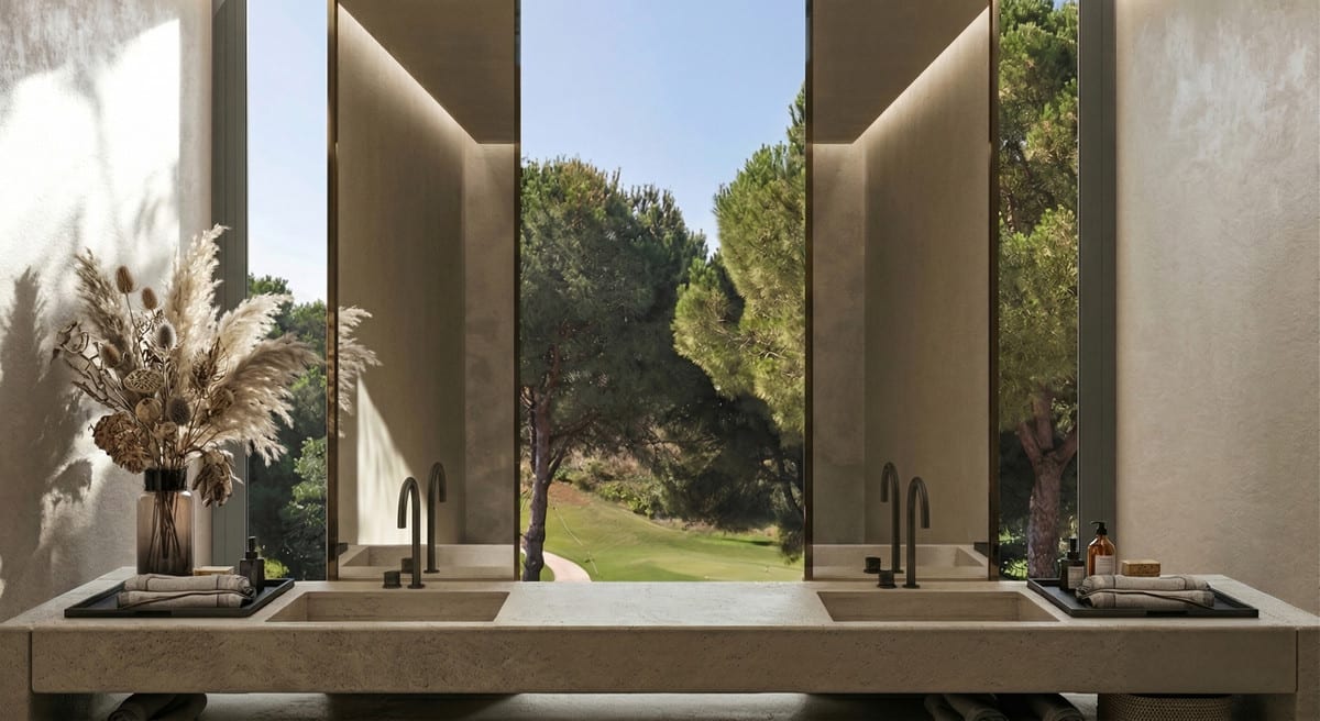 Rendered bathroom composition of VILLA ENTRELAGOS I with a double built-in washbasin, dark taps, and three tall windows with green views.