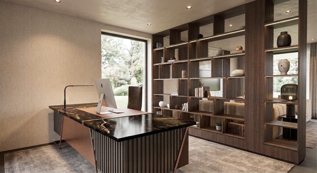 Rendered workspace of VILLA ENTRELAGOS I with a striking desk with a dark marble-look top, copper-coloured legs, and an illuminated open wooden bookcase.
