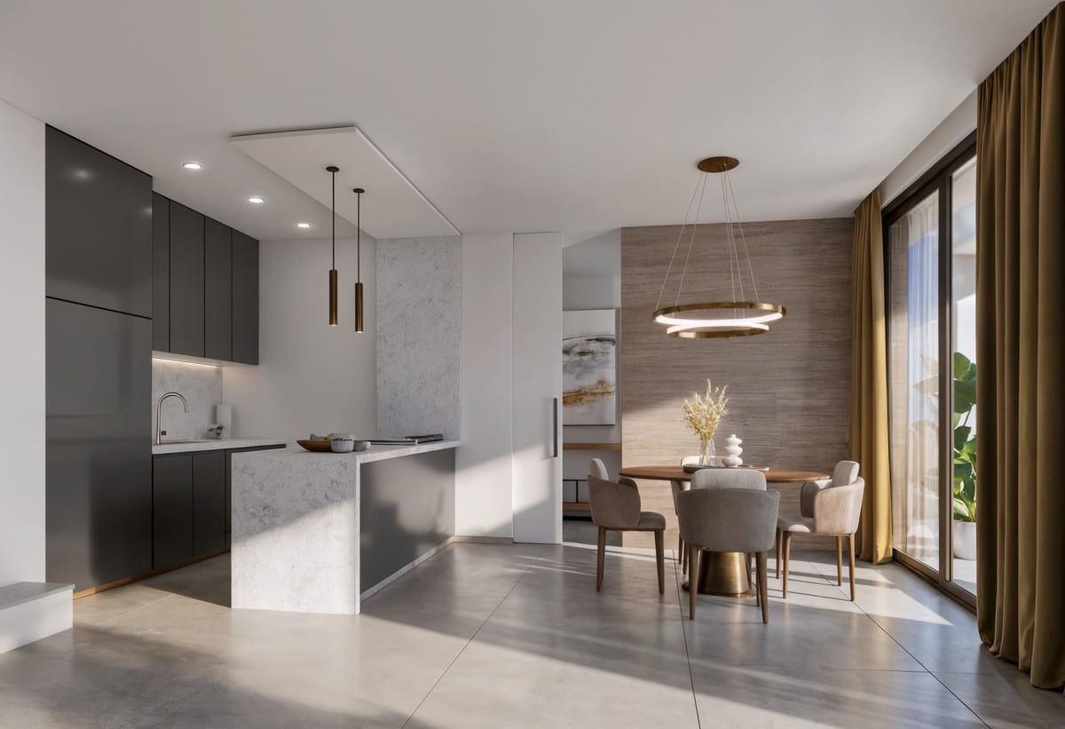 Kitchen visualisation of VILLA EVANIA CORTESÍN with fitted cabinetry, worktop area and natural light.