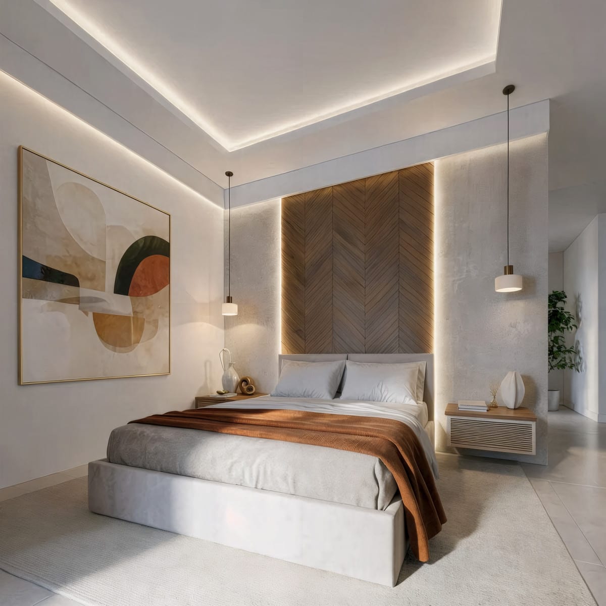 Bedroom visualisation of VILLA EVANIA CORTESÍN with calm finishes and a residential atmosphere.
