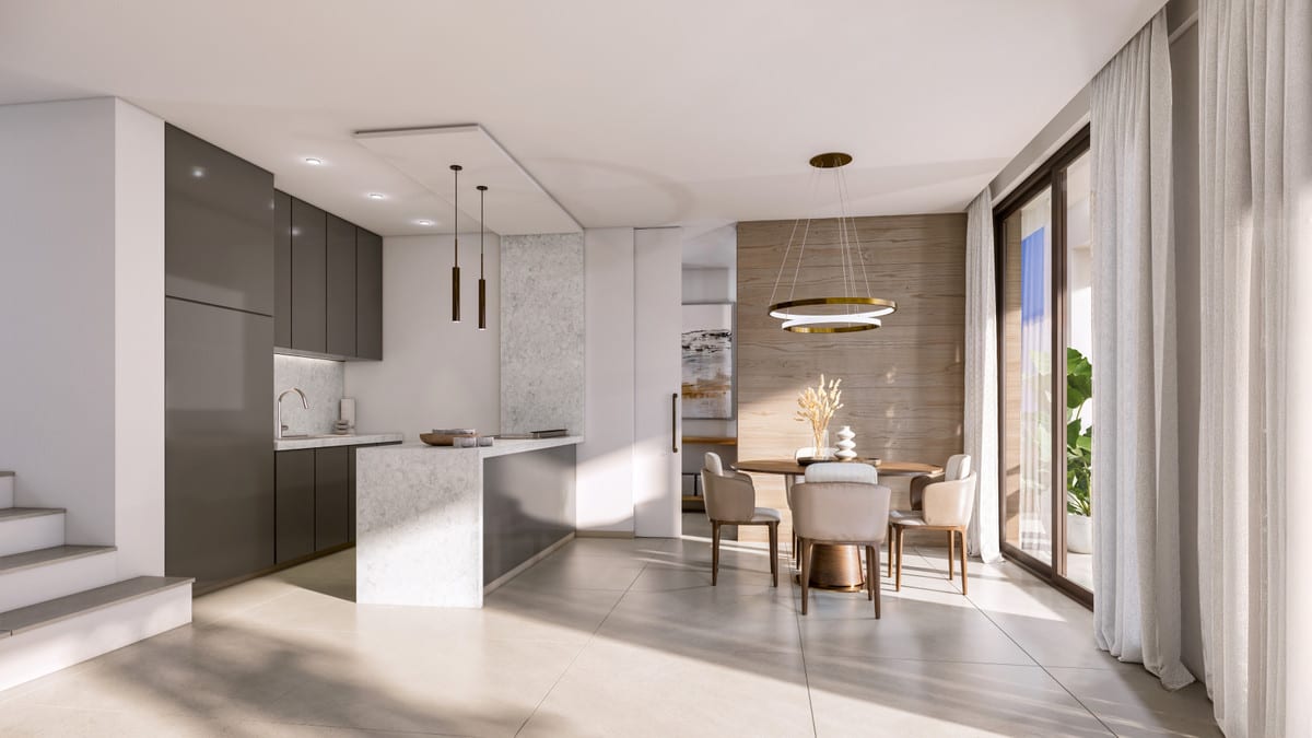Visualisation of a kitchen and dining area with dark cabinetry, a peninsula and a round dining table.