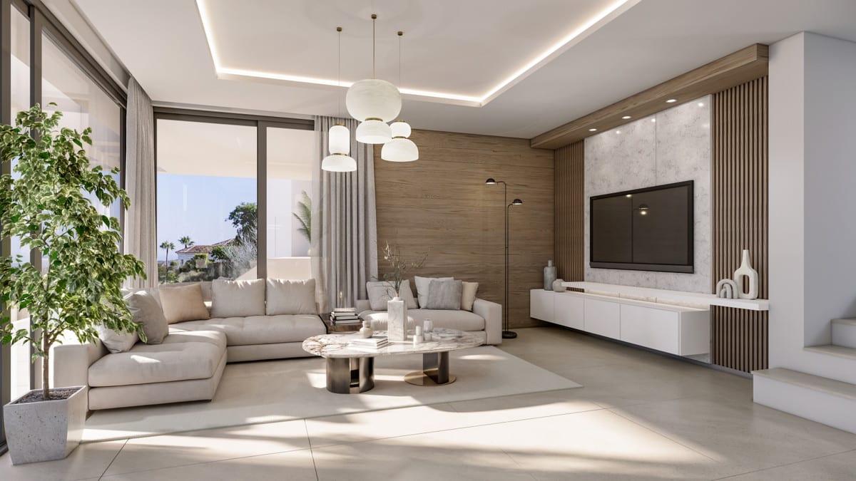 Living room visualisation with a pale corner sofa, television and large windows.