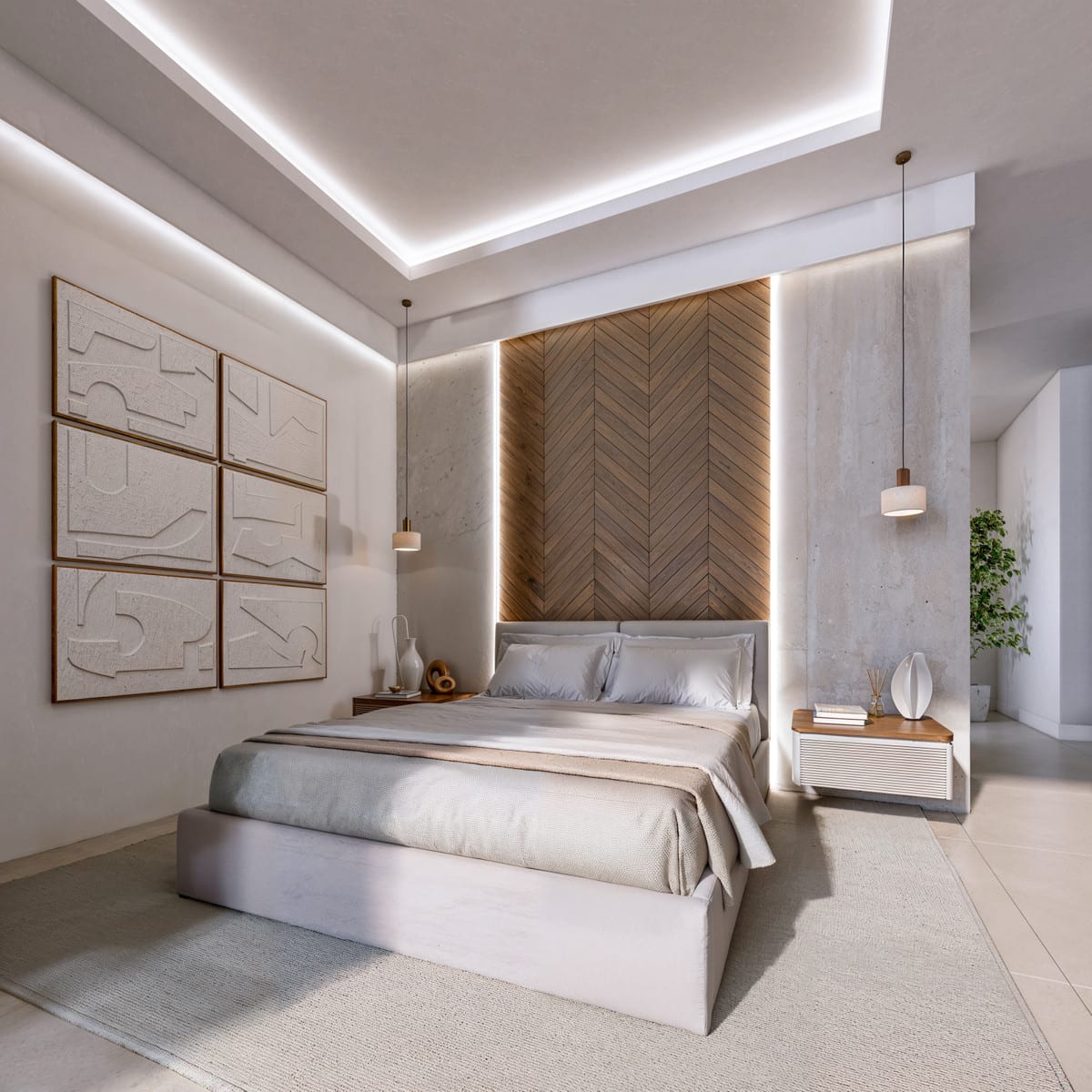Bedroom visualisation of VILLA EVANIA EUROPA GOLF with calm finishes and a residential atmosphere.