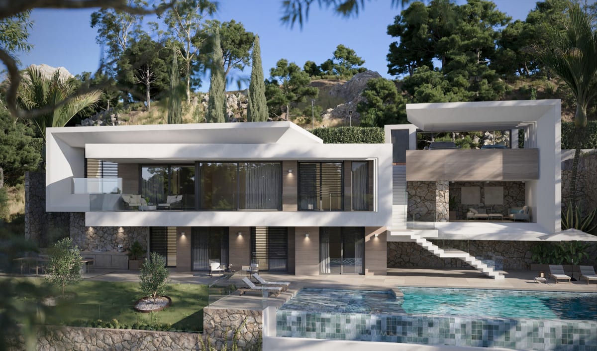 VILLA EVANIA LOS FLAMINGOS: Exterior view of the villa with terraces and planting.