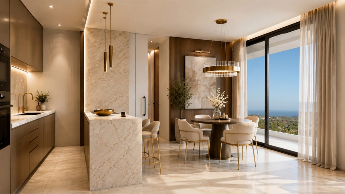 Kitchen visualisation of VILLA EVANIA LOS FLAMINGOS with fitted cabinetry, worktop area and natural light.