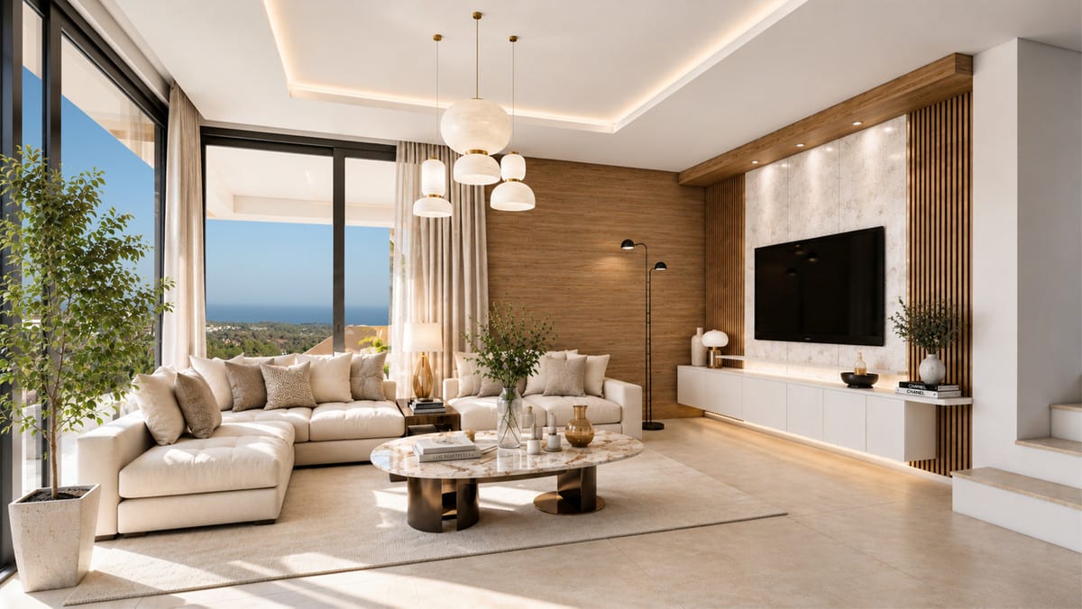 VILLA EVANIA LOS FLAMINGOS: Living area with sofas and large windows.