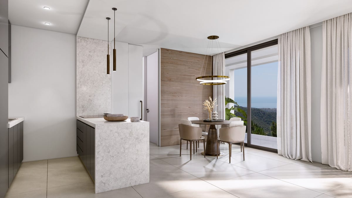 VILLA EVANIA: Kitchen with an island and fitted cabinetry.