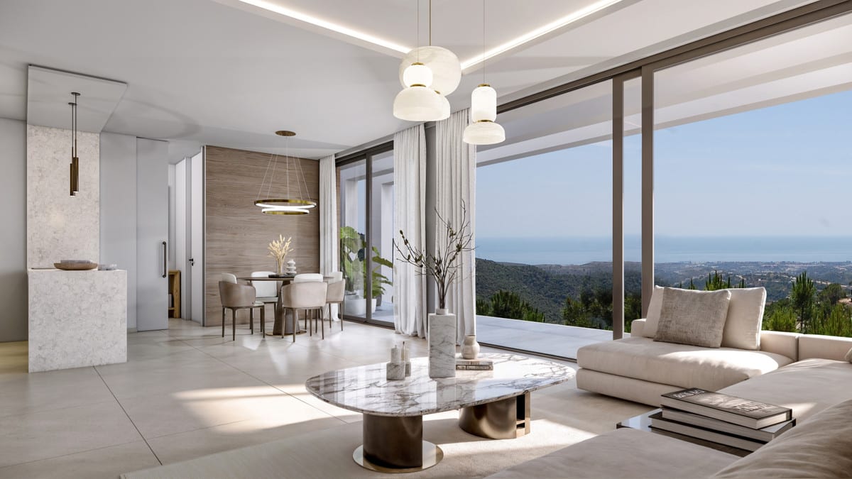 VILLA EVANIA: Living area with sofas and large windows.