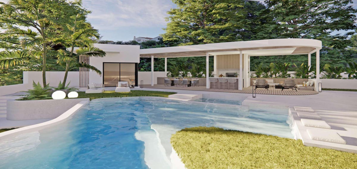 Visualisation of a free-form pool beside a covered pavilion with dining and seating areas.