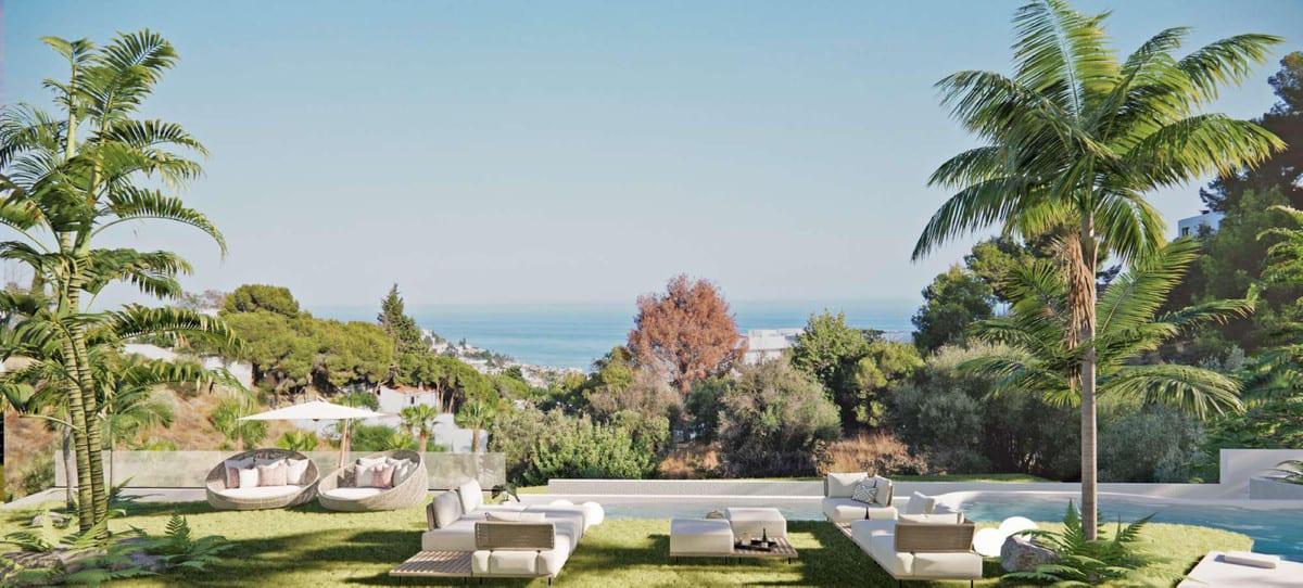 Garden visualisation with lounge seating and palms beside the pool.