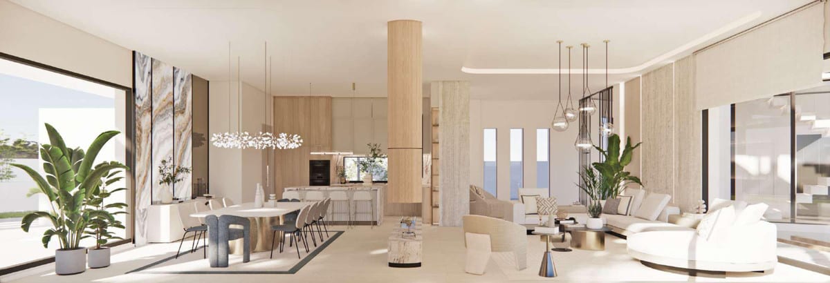 Visualisation of an open living, dining and kitchen area around a central column.