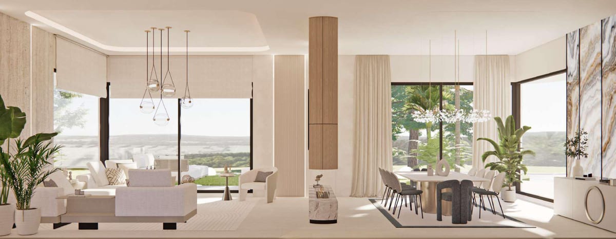 Visualisation of a living and dining area with large windows on two sides.