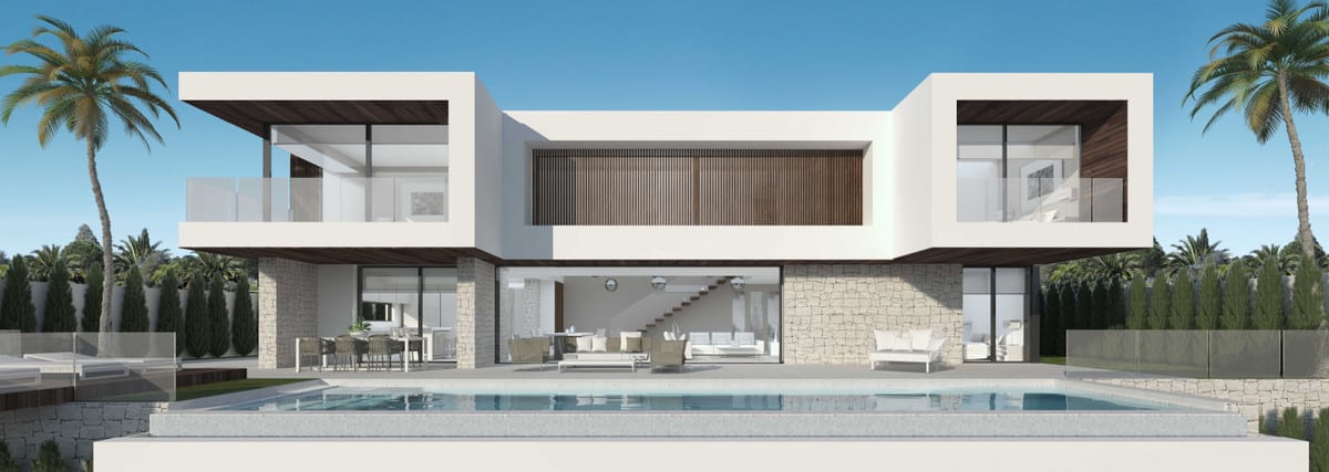 Exterior visualisation of the villa with a swimming pool, glass balustrades and palm trees.