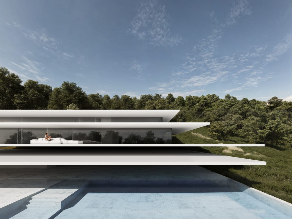Exterior view of VILLA HALO with white horizontal volumes and broad glazing above the pool.