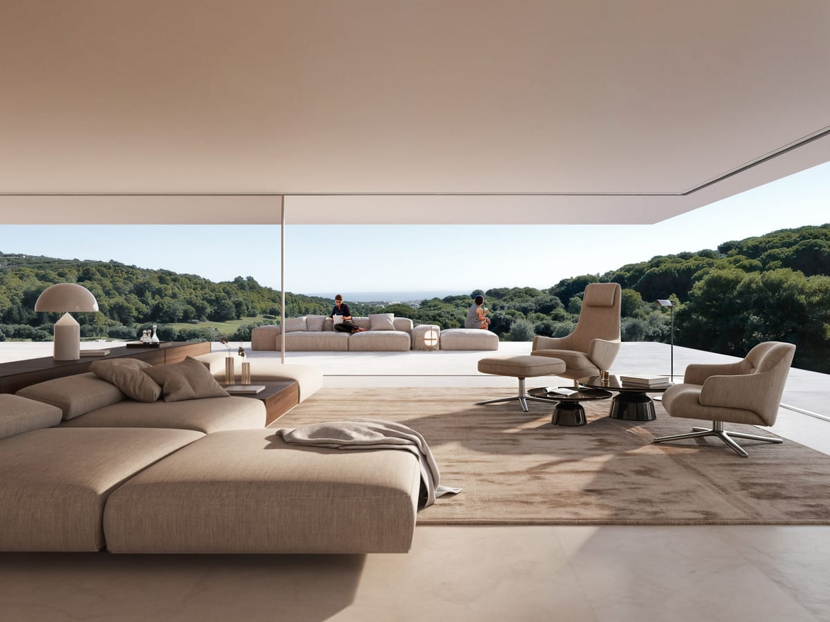 Living-room visualisation of VILLA HALO with light-coloured seating and a wide opening towards the terrace and green landscape.