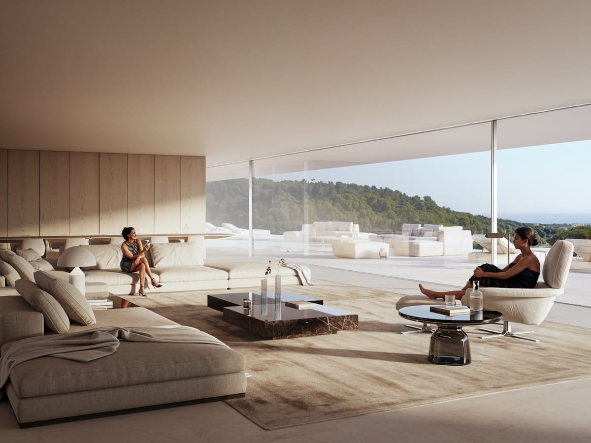 Living-room visualisation of VILLA HALO with upholstered seating, timber wall finishes and full-height glazing along the terrace.