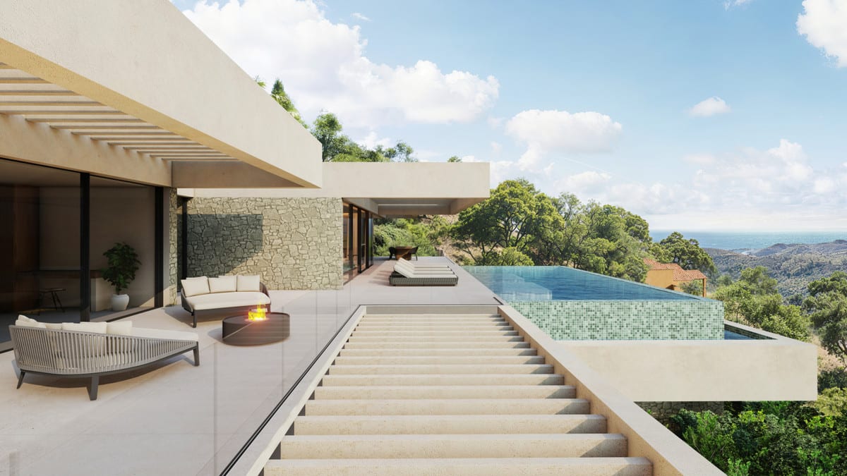 Terrace rendering with a fire table, outdoor seating, broad steps and an infinity pool facing the horizon.