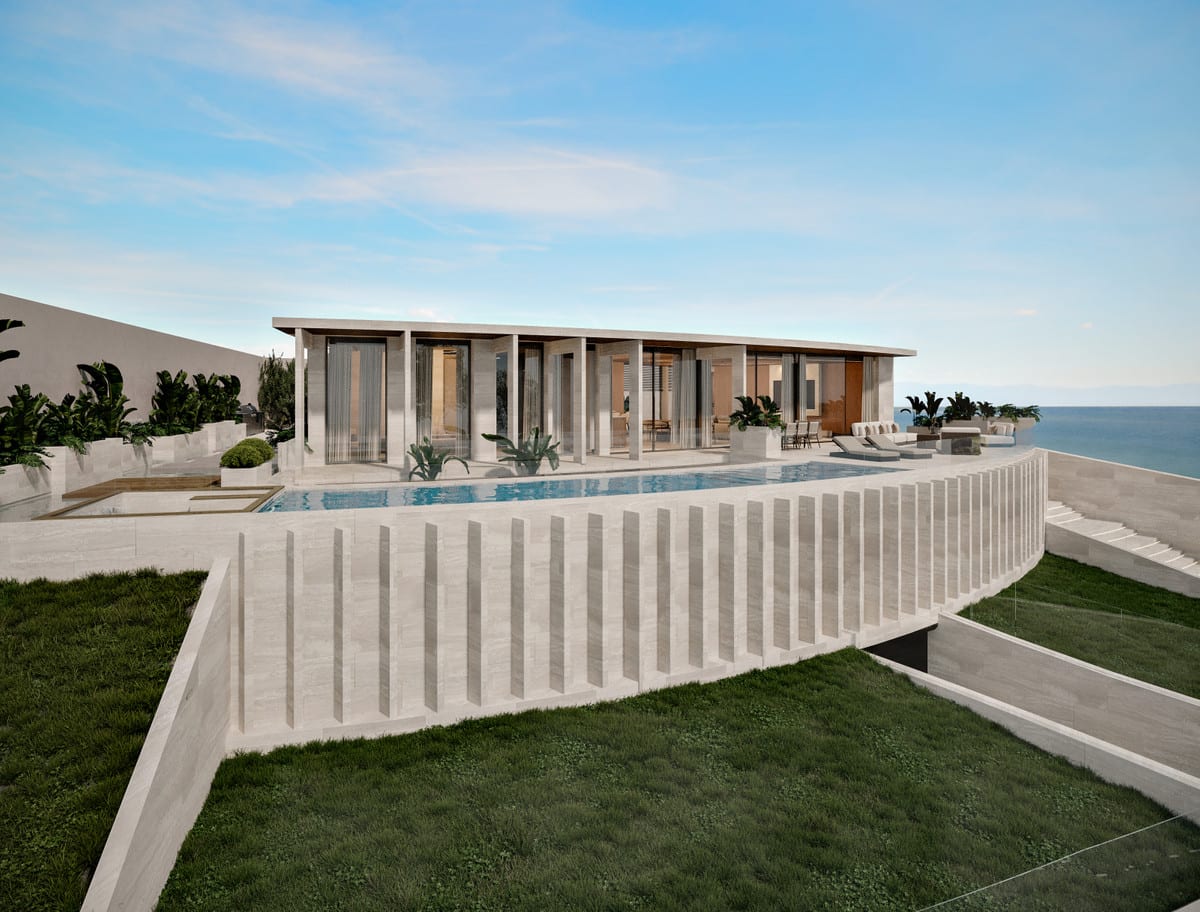 Project visualisation — VILLA INFINITY: Curved exterior façade with a swimming pool, terrace and lawn below.