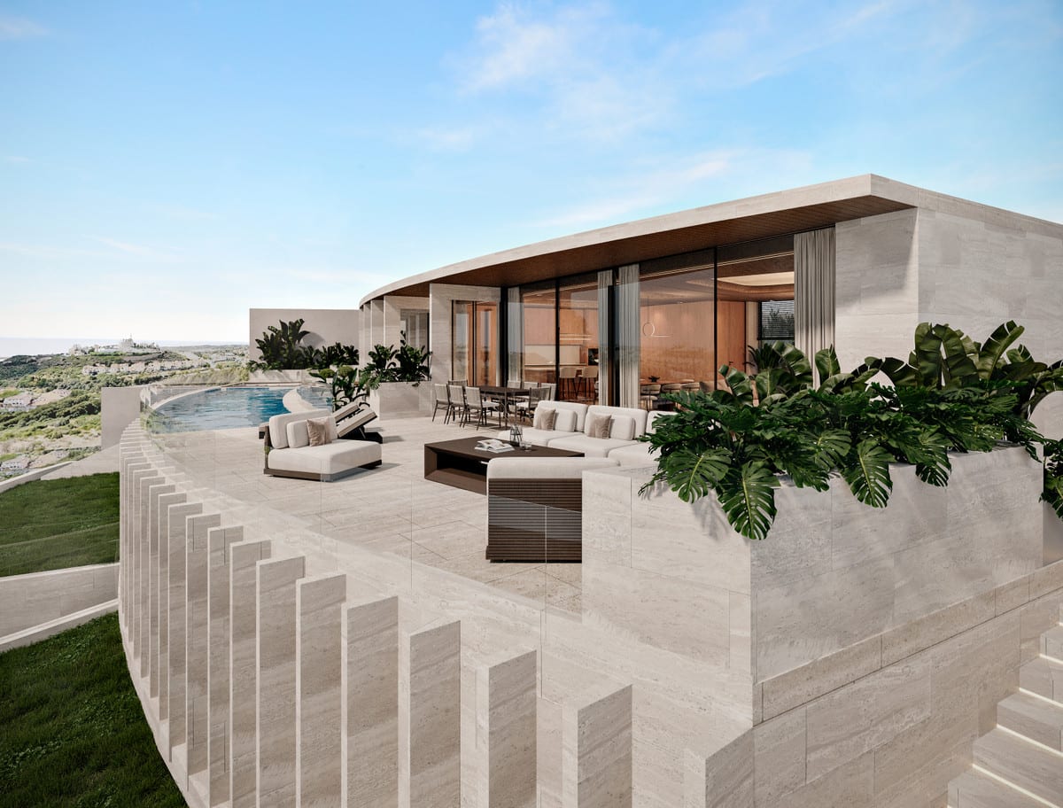 Project visualisation — VILLA INFINITY: Outdoor terrace with lounge furniture, planted beds and a curved swimming pool.