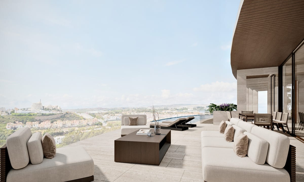 Project visualisation — VILLA INFINITY: Terrace with pale lounge furniture, sun loungers and a view across the surrounding landscape.