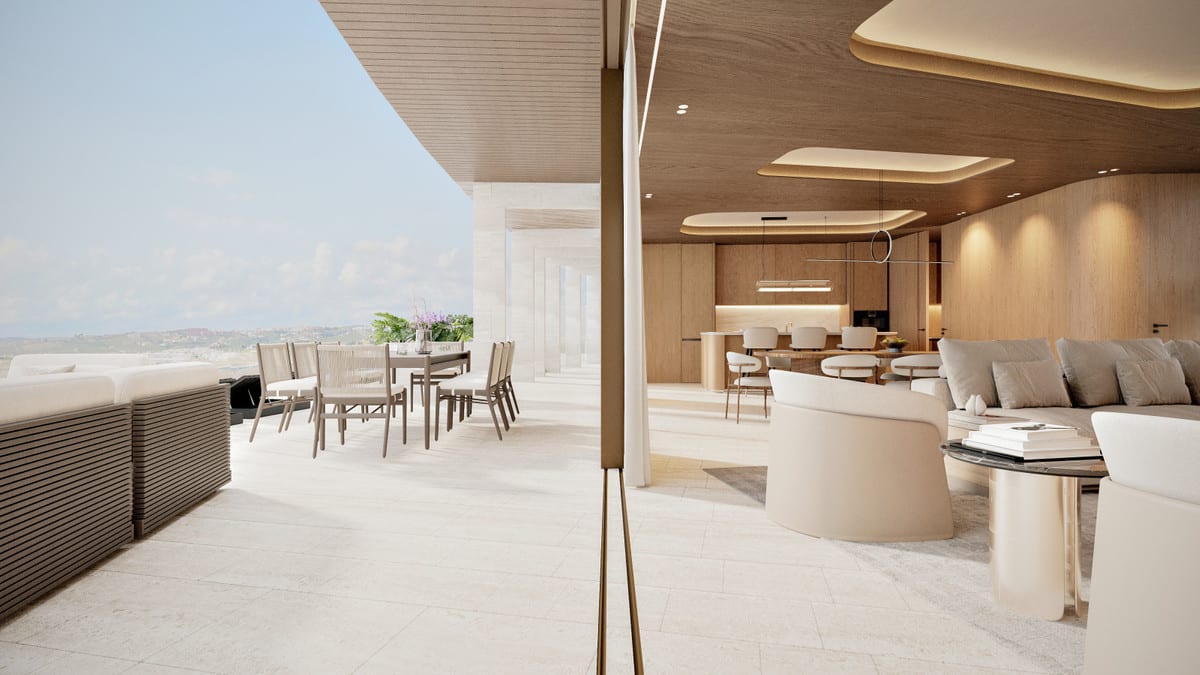 Project visualisation — VILLA INFINITY: Living area with wood finishes, an open kitchen and a dining terrace beyond the glazing.