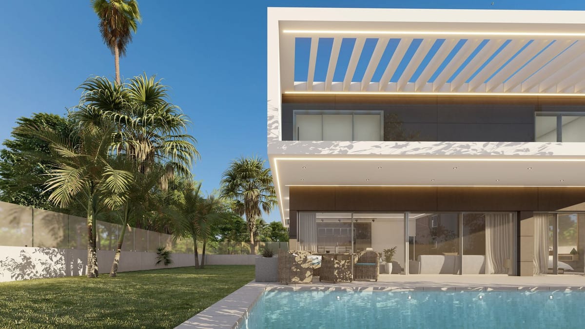 Daytime visualisation of the villa with a slatted pergola, terrace and pool.