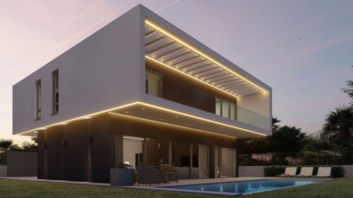 Evening visualisation of the villa with illuminated façade edges beside the pool.