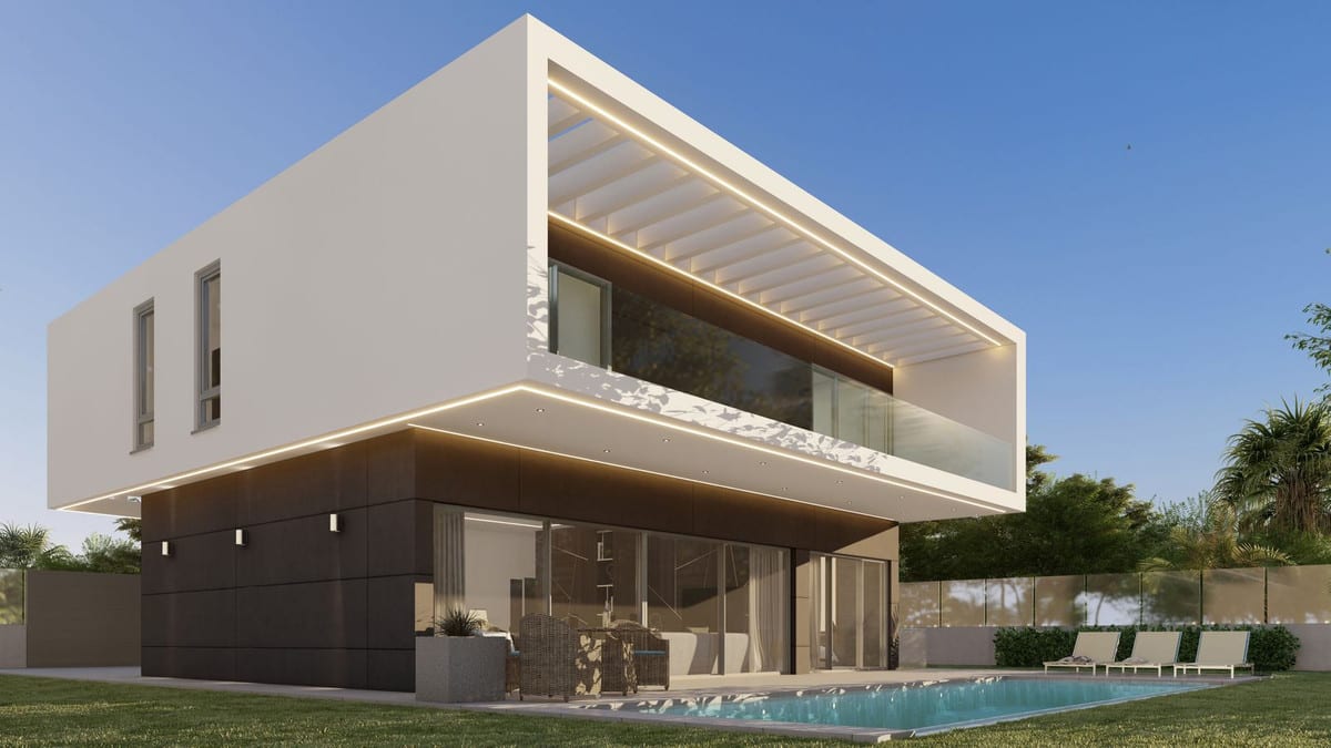 Daytime visualisation of the white and dark façades, pool and sun loungers.