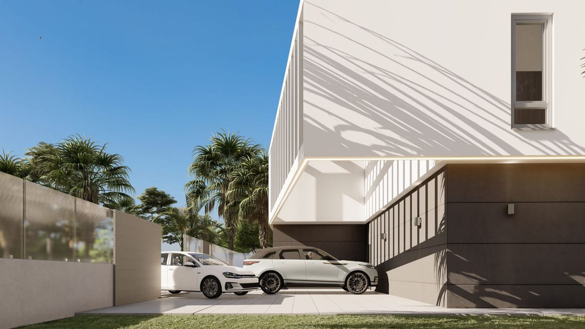 Visualisation of the driveway with two parked cars beside the villa.