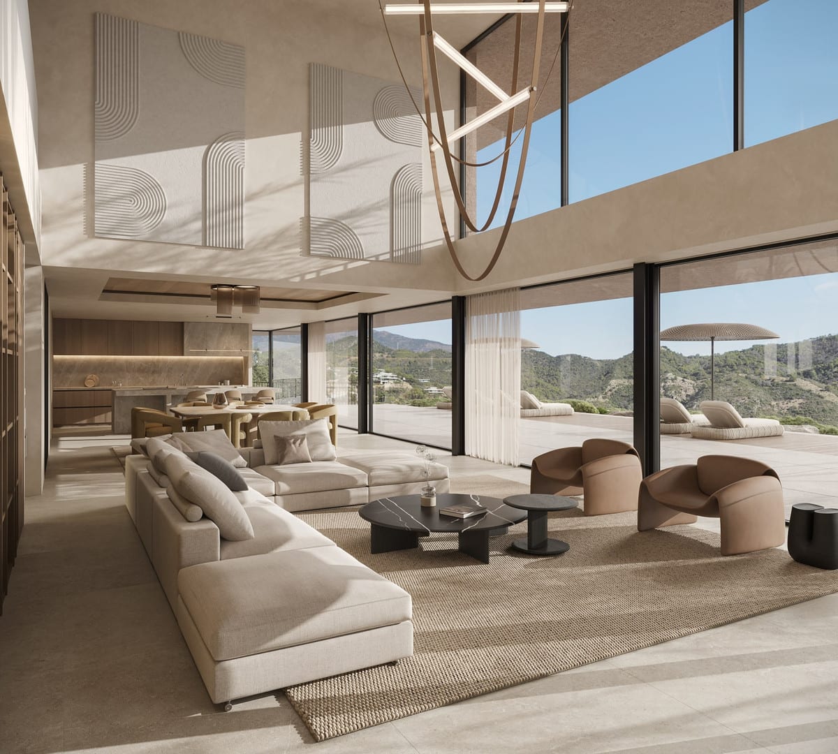 Living-room visualisation of VILLA ISOLA with a double-height ceiling, sculptural pendant light and full-height glazing opening onto the terrace.