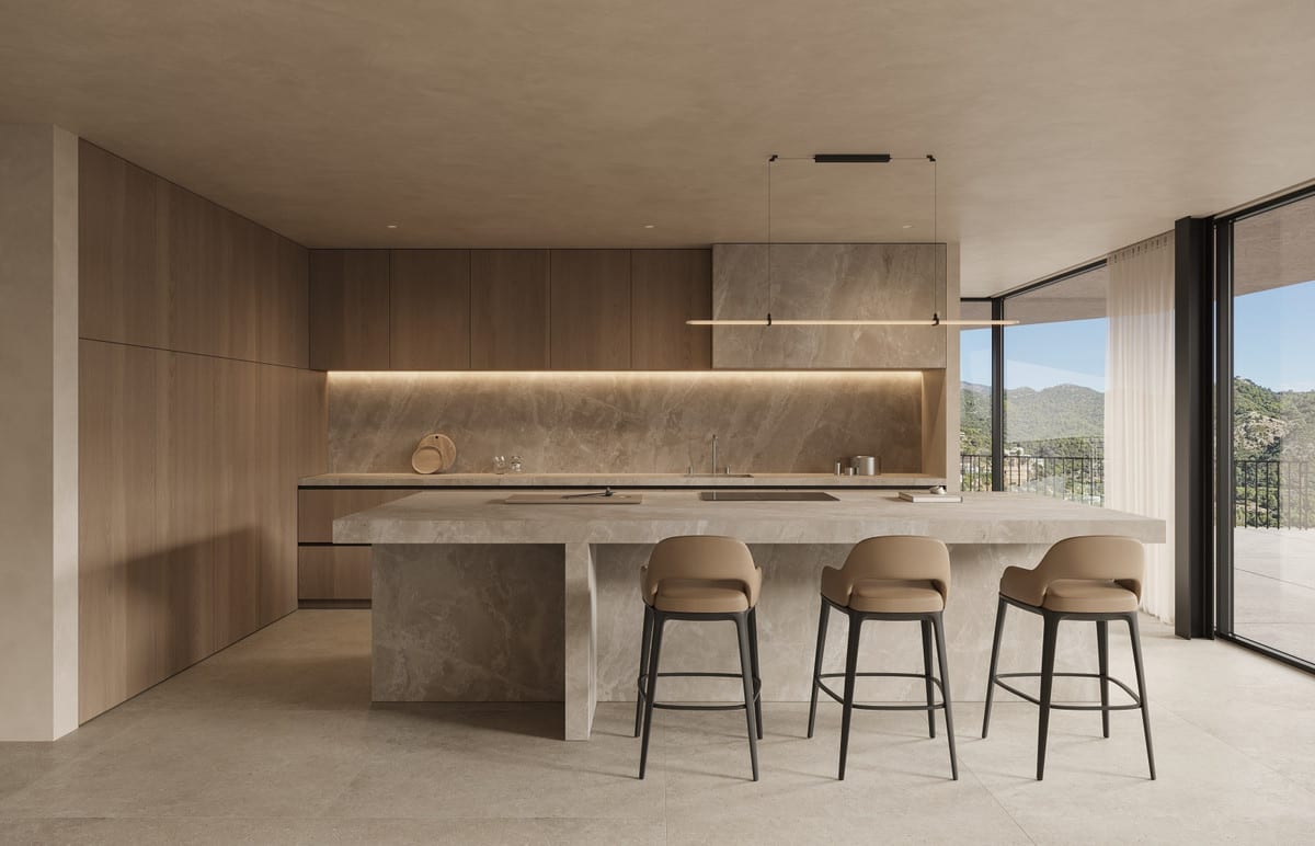 Kitchen visualisation of VILLA ISOLA with timber cabinetry, a large stone island, pendant lighting and views of the hills.