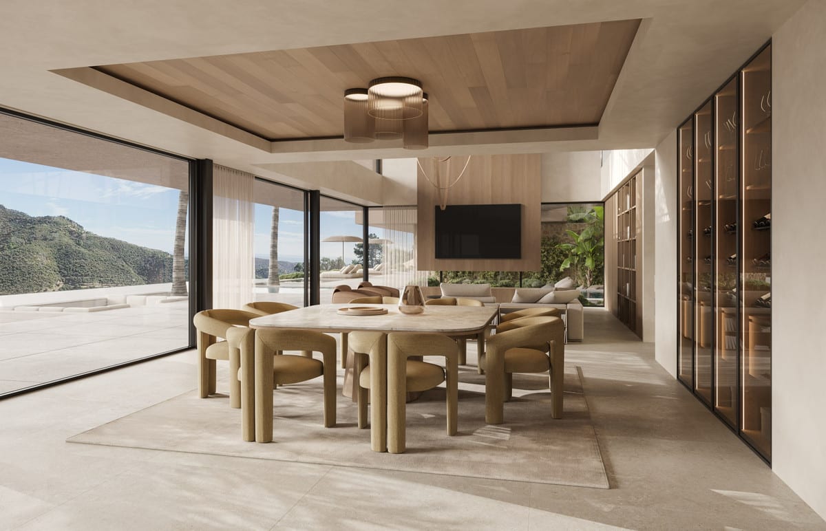Dining-area visualisation of VILLA ISOLA with a large table, sculptural chairs, a timber ceiling recess and glazed wine storage.
