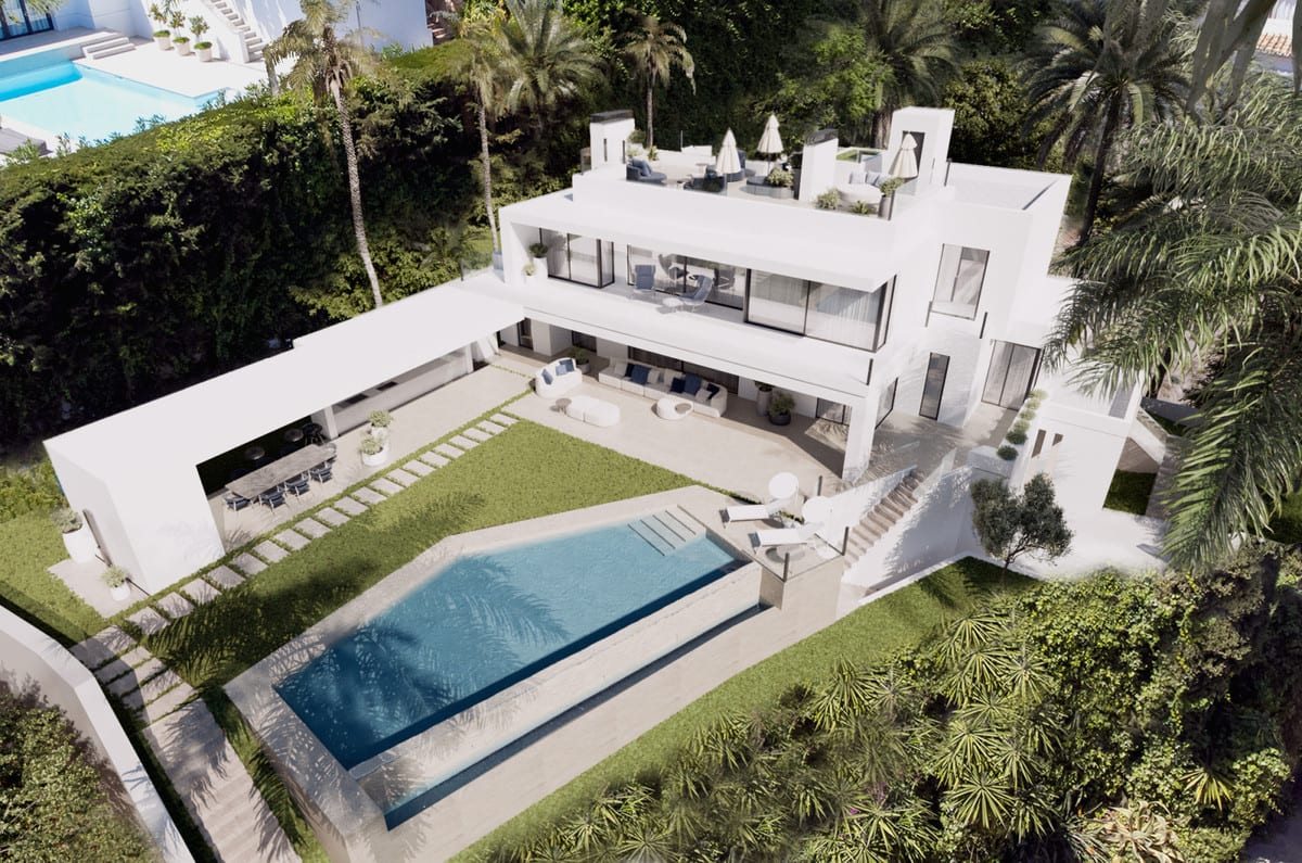 Aerial visualisation of VILLA IVORY showing the buildings, terraces and surrounding residential setting.