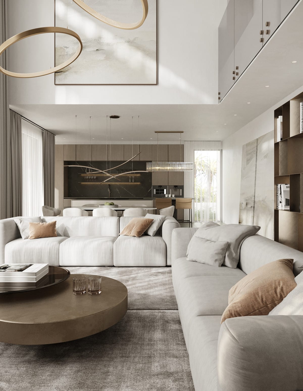 Visualisation of the open living space at VILLA IVORY, with sofas in the foreground and the dining area and kitchen behind.
