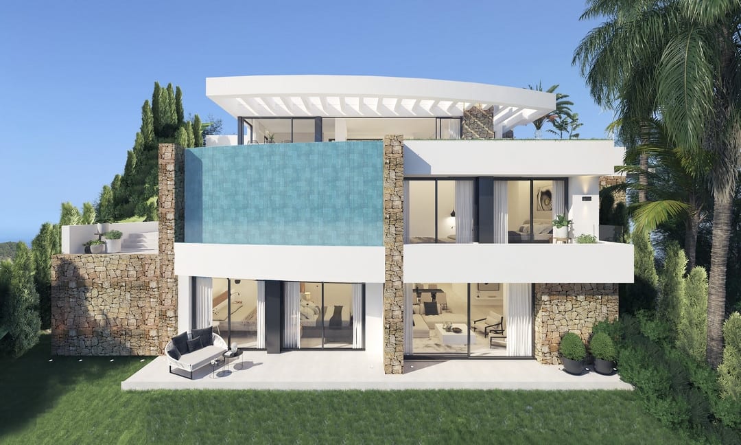 Exterior visualisation of the villa with a turquoise pool wall, stone pillars and glazed façades.